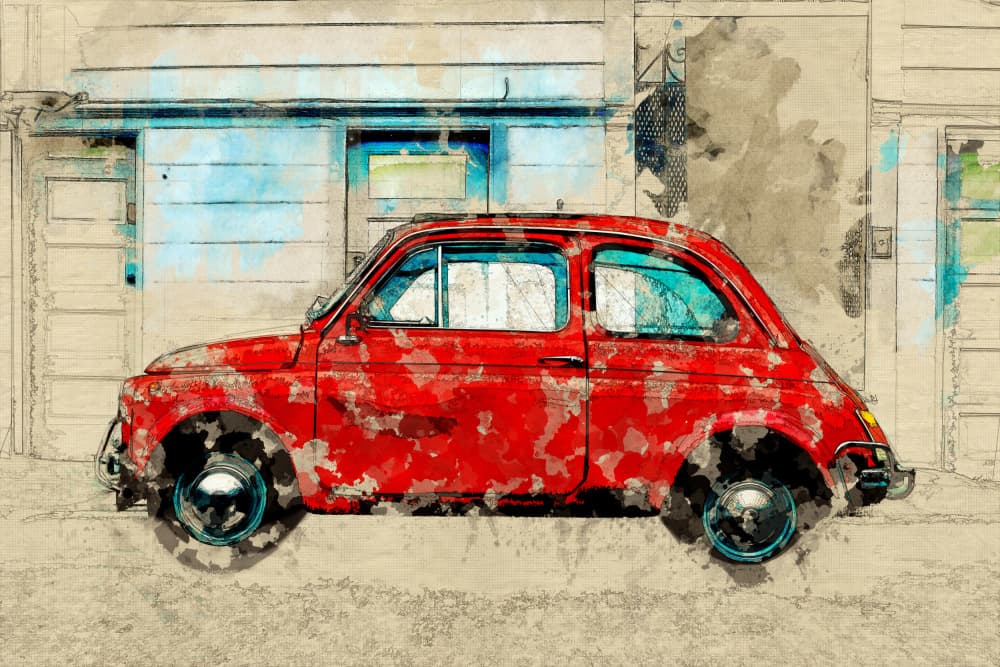 Vintage Red Car Street by Lembayung senja studio [Vintage Poster] — canvas wall art