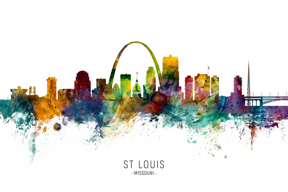 St Louis Skyline Watercolor by Michael Tompsett — canvas wall art