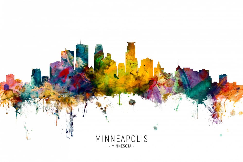 Colorful Minneapolis Cityscape by Michael Tompsett — canvas wall art