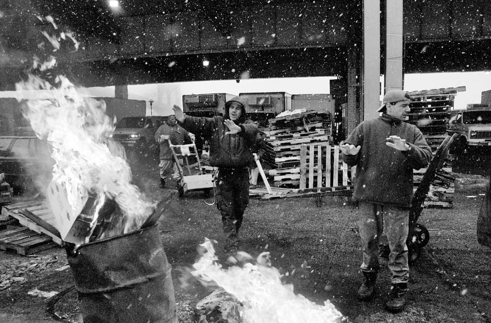Workers by Winter Fire by Martin Froyda — canvas wall art