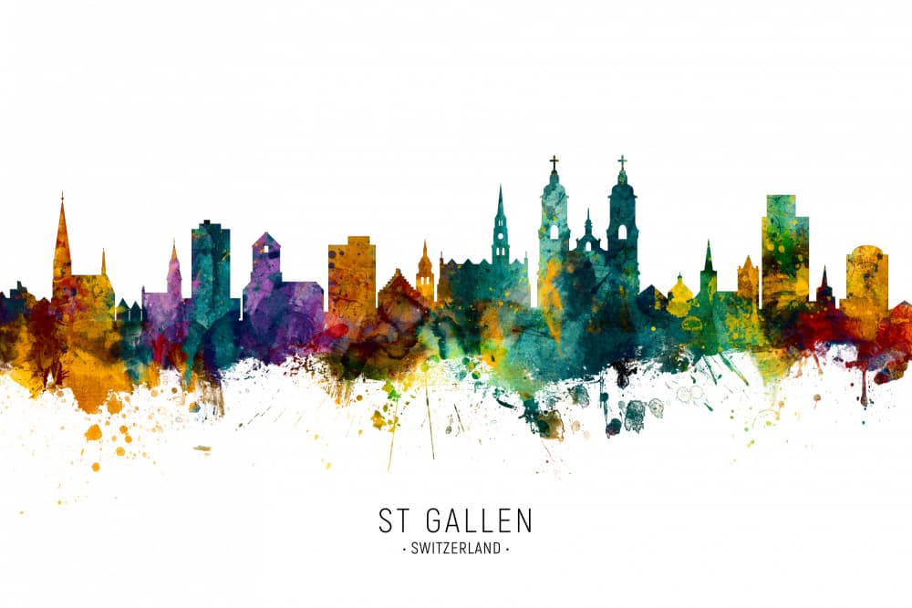 St Gallen Watercolor Skyline by Michael Tompsett — canvas wall art