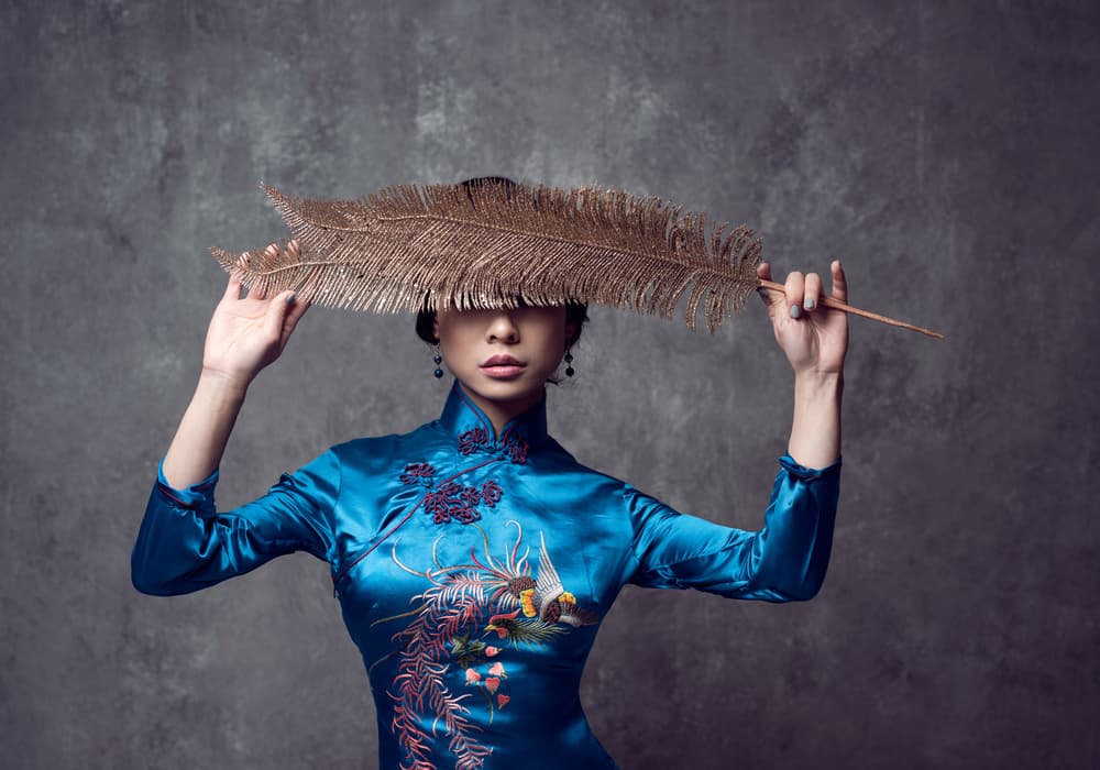 Blue Cheongsam Feather Portrait by Wendy Jia — canvas wall art