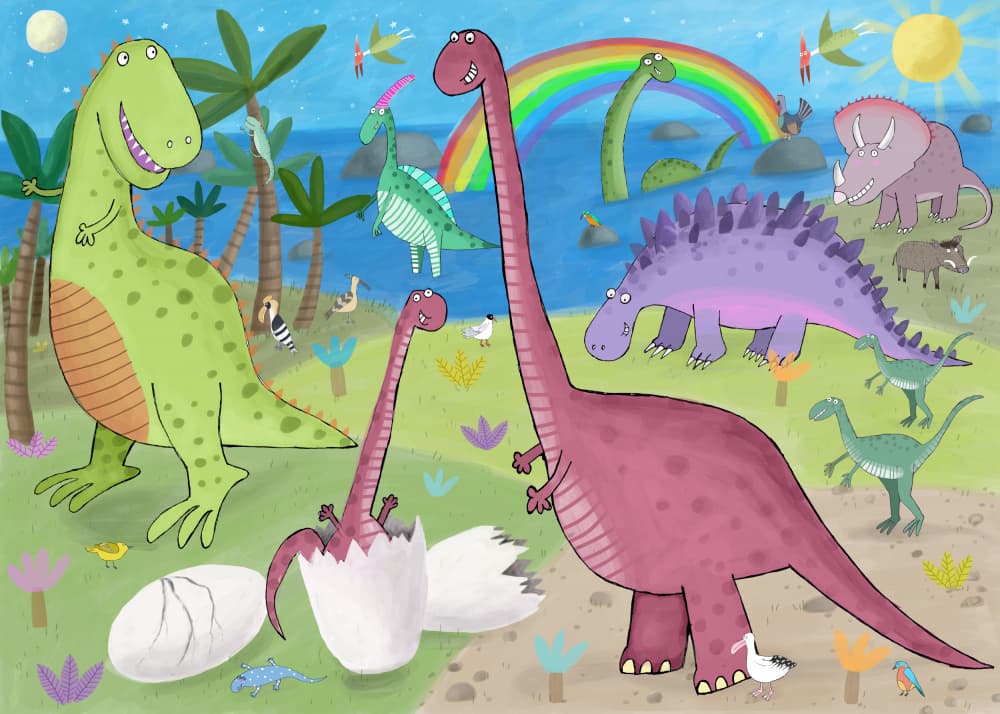 Happy Prehistoric Dinosaurs by Carla Daly — canvas wall art