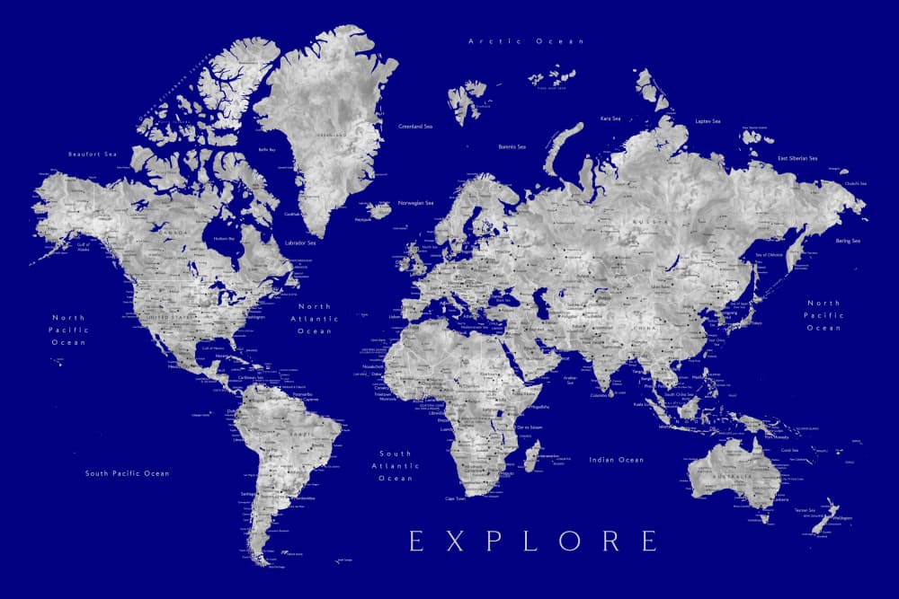 Blue Gray World Map by Rosana Laiz Blursbyai — canvas wall art
