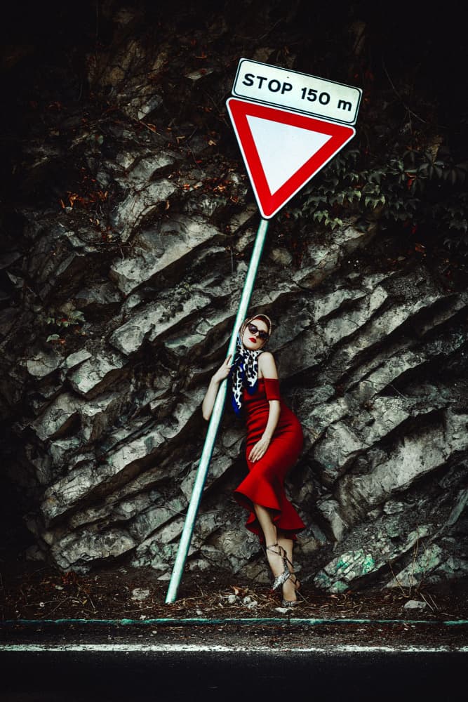 Red Dress Roadside Style by Ruslan Bolgov — canvas wall art