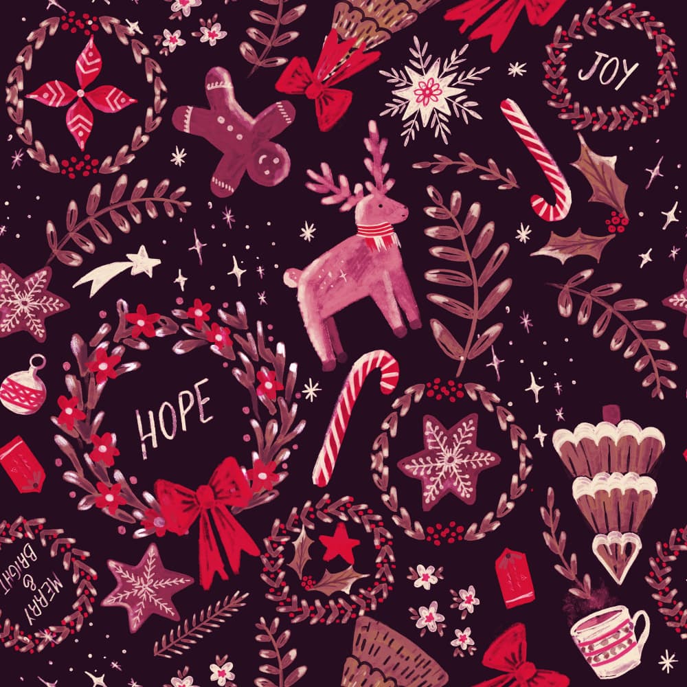 Magical Christmas Black Red Pattern 2 by Anis Illustration — canvas wall art