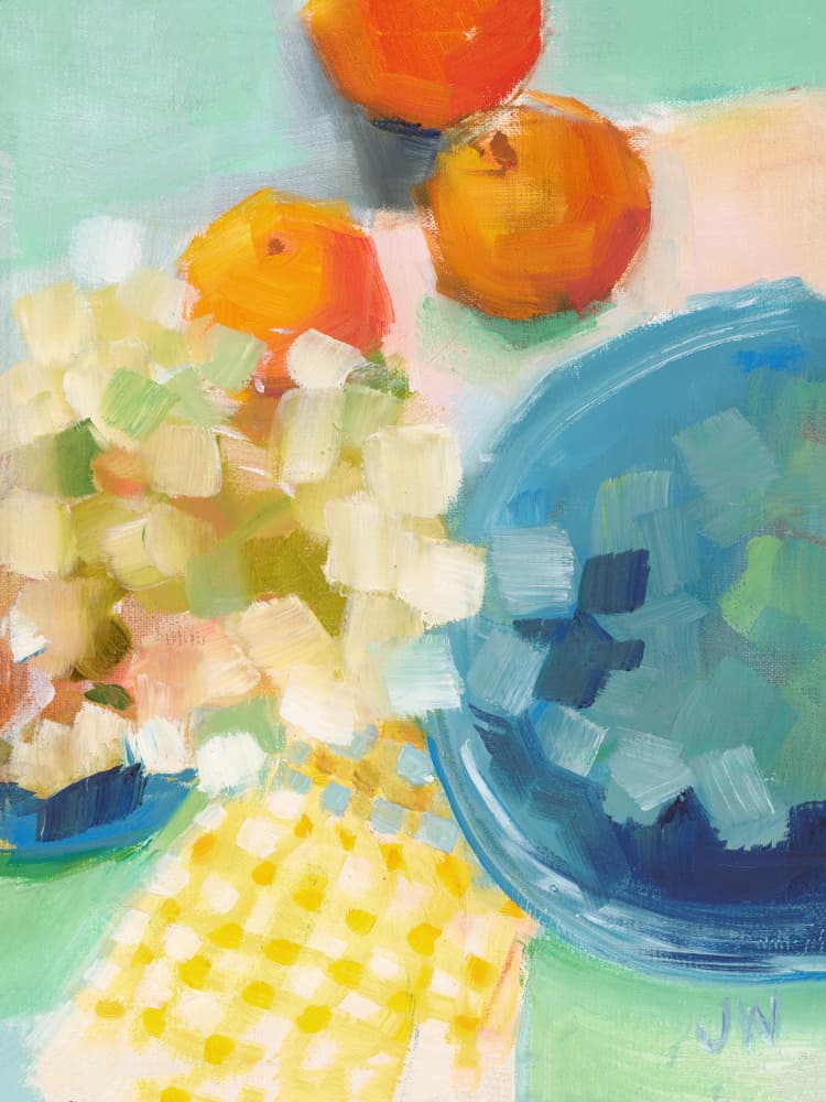 Oranges and Hydrangea by Jenny Westenhofer — canvas wall art