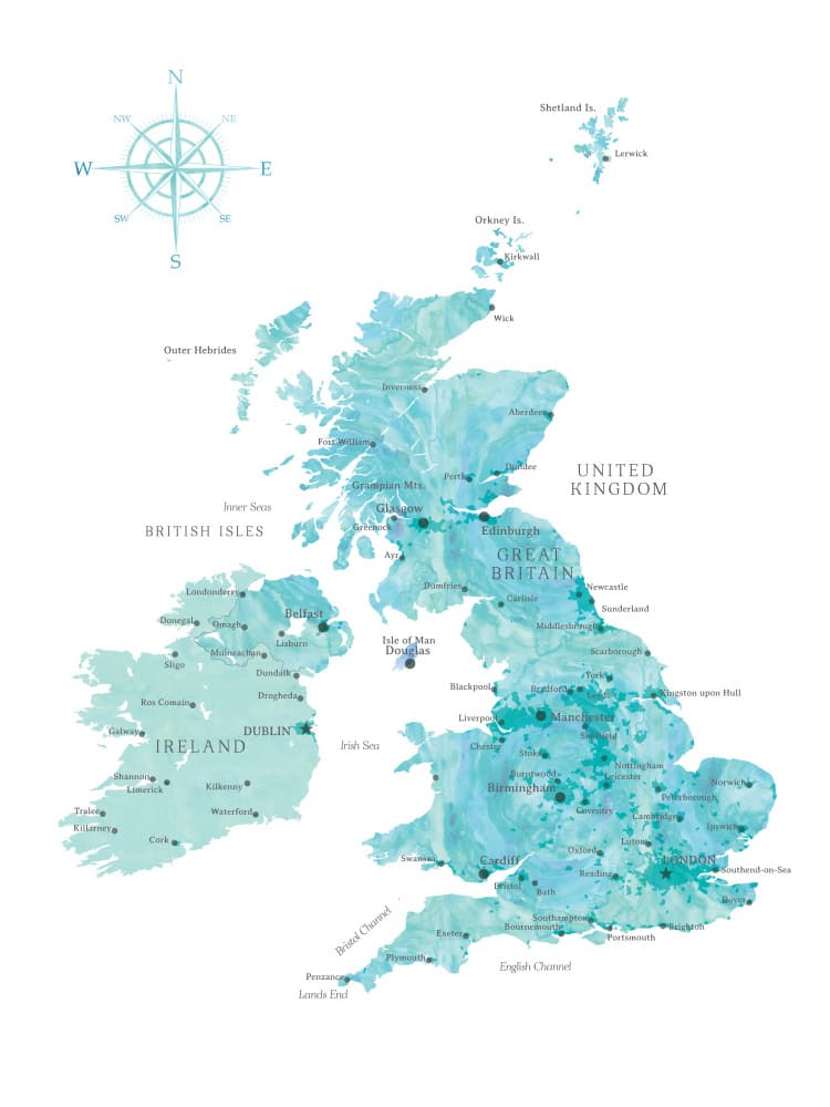 Aqua British Isles Map by Rosana Laiz Blursbyai — canvas wall art