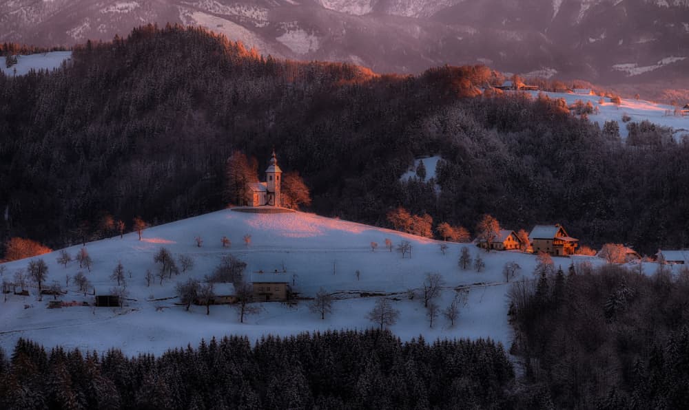 Golden Light Winter Church by Drago Vogrinec — canvas wall art