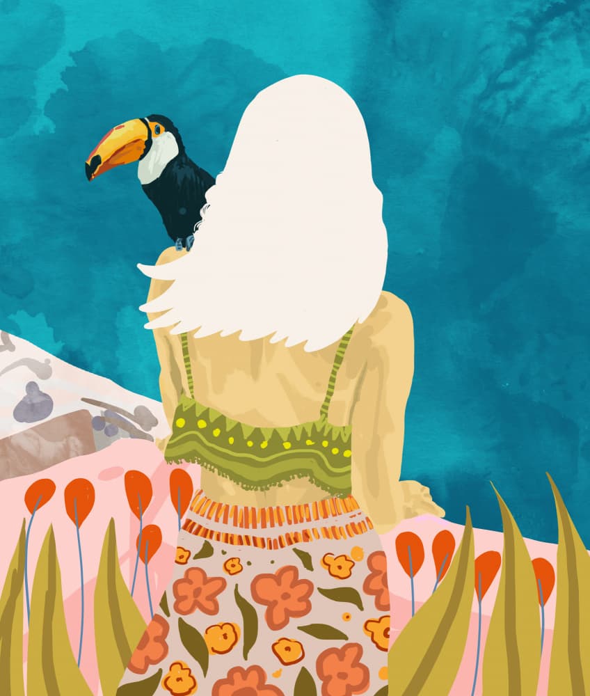 Tropical Woman and Toucan by Uma Gokhale — canvas wall art