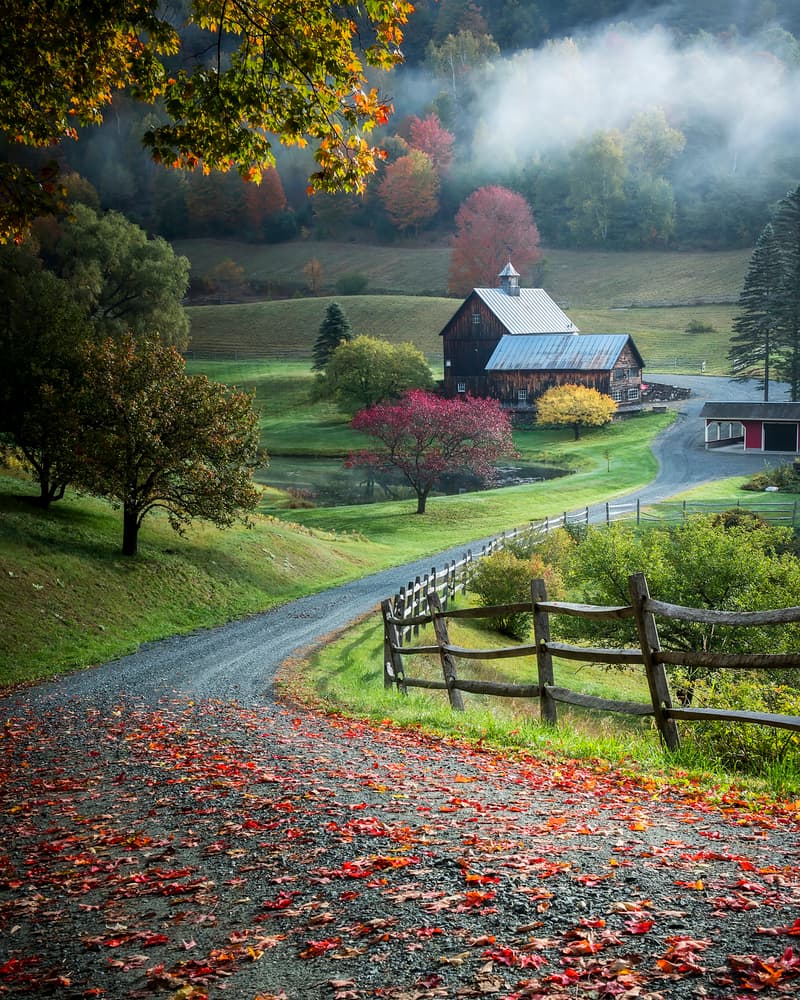 Misty Autumn Barn Road by David H Yang — canvas wall art