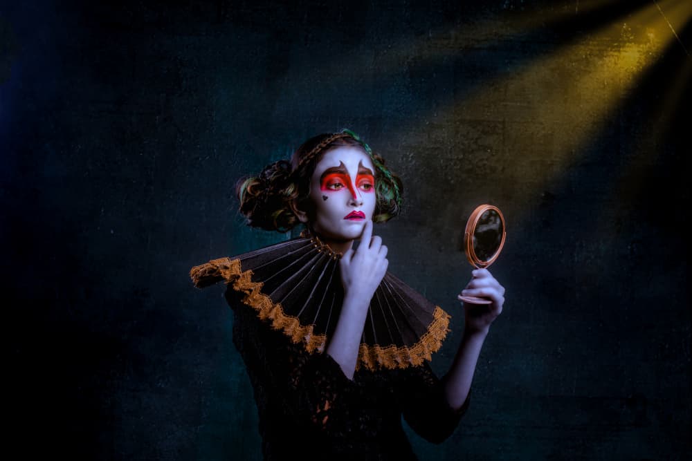 Theatrical Woman Mirror Gaze by DEBASISH CHATTOPADHYAY — canvas wall art