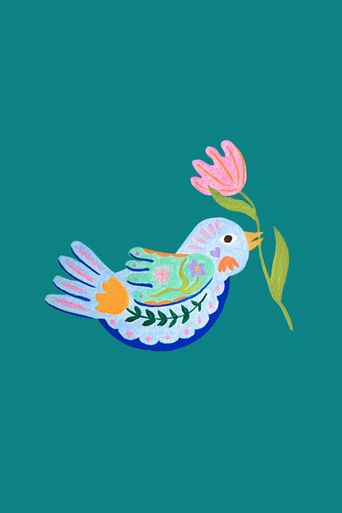 Whimsical Bird with Tulip by Karen Menzenbach — canvas wall art