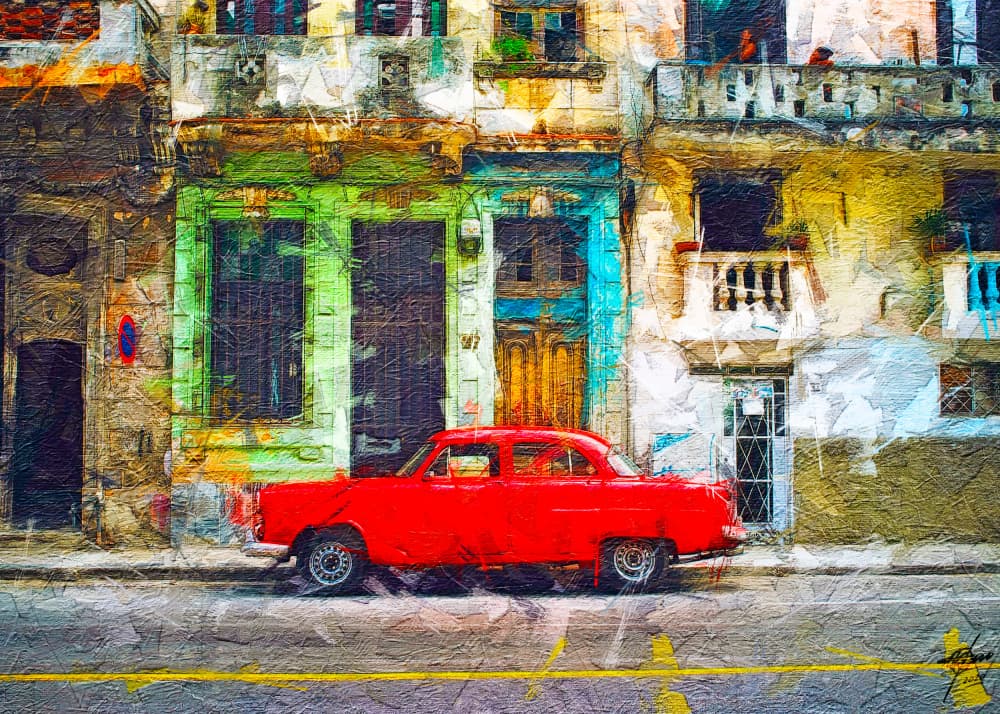 Red Classic Havana Street by Osvaldo Russo — canvas wall art