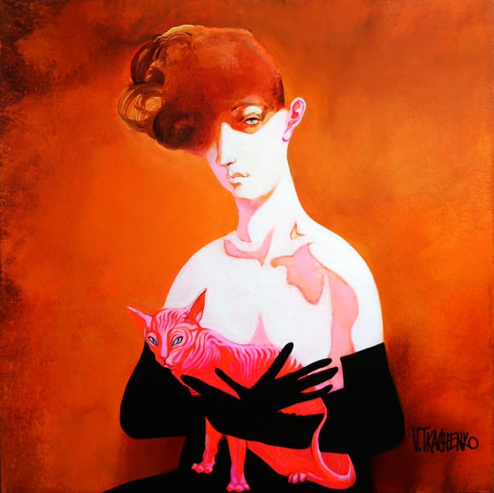 Woman Holding Sphinx Cat by Victor Tkachenko — canvas wall art