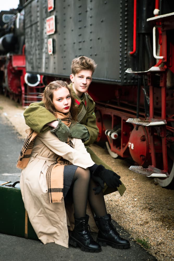 Vintage Couple Train Journey by Mihai Bogdan R — canvas wall art