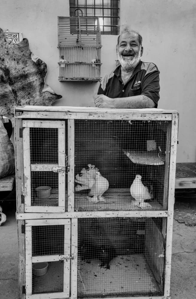 Smiling Man With Pigeons by Bashar Alsofey — canvas wall art