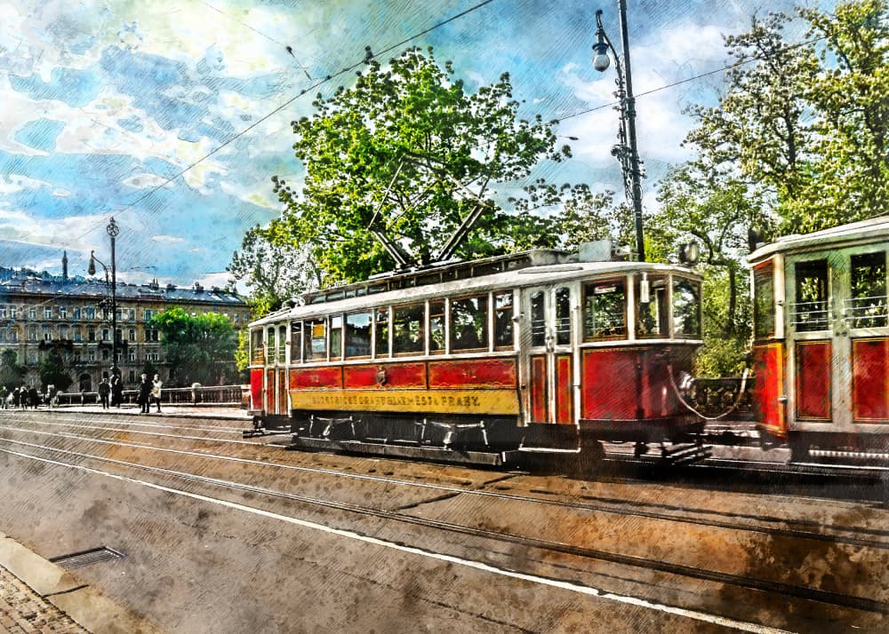 Vintage City Tram by Justyna Jaszke — canvas wall art