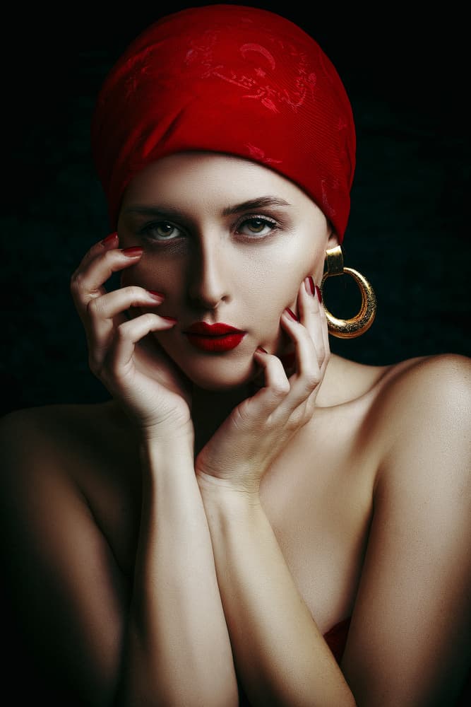 Glamorous Red Turban Portrait by Ruslan Bolgov — canvas wall art
