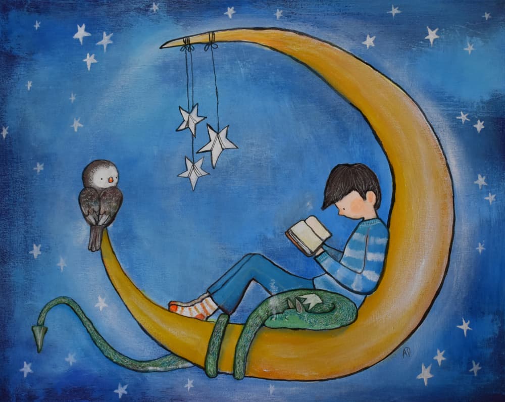 Boy Reading On Moon by Andrea Doss — canvas wall art