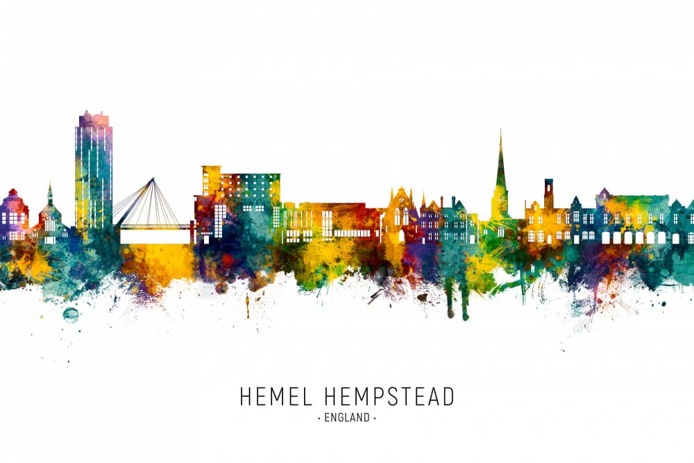 Hemel Hempstead Watercolor Skyline by Michael Tompsett — canvas wall art