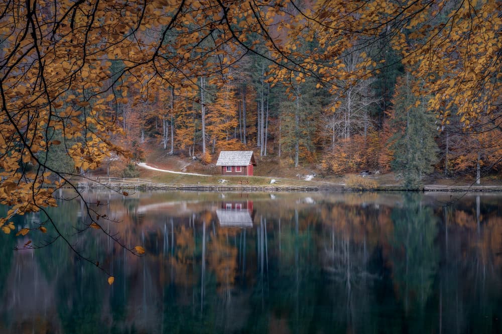 Peaceful Autumn Lakeside Cabin by Thomas de Franzoni — canvas wall art