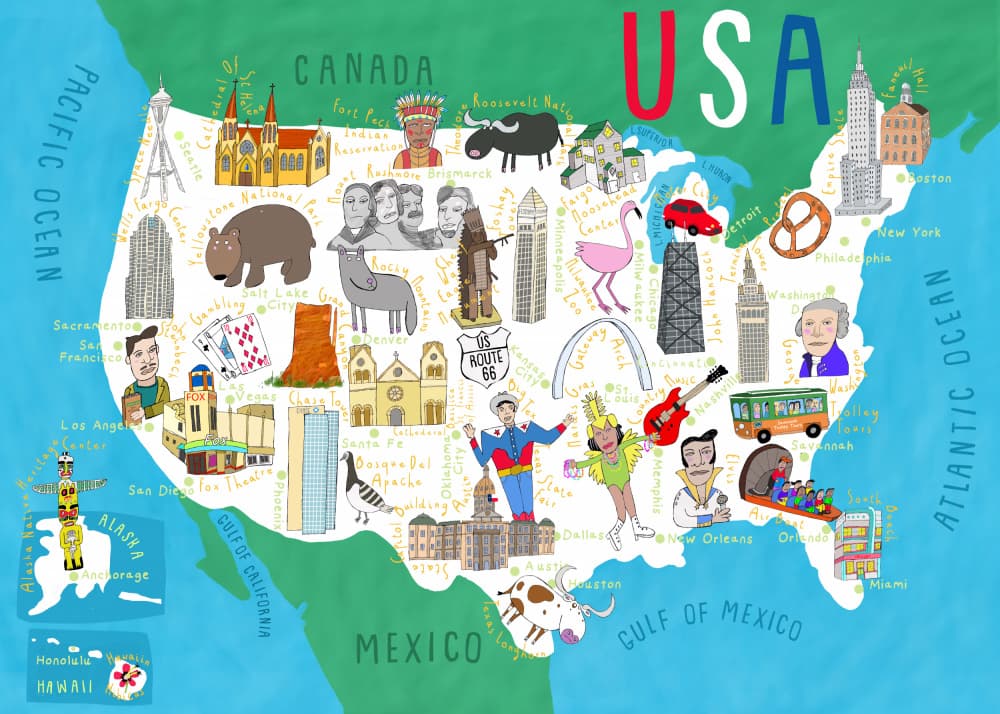 USA Illustrated Map by Carla Daly — canvas wall art