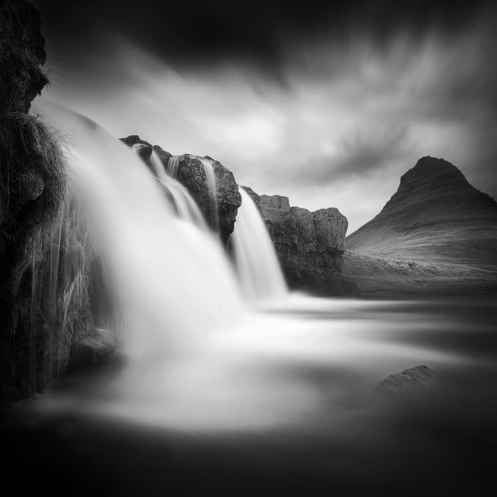 Monochrome Waterfall Mountain by Sebastien DEL GROSSO — canvas wall art