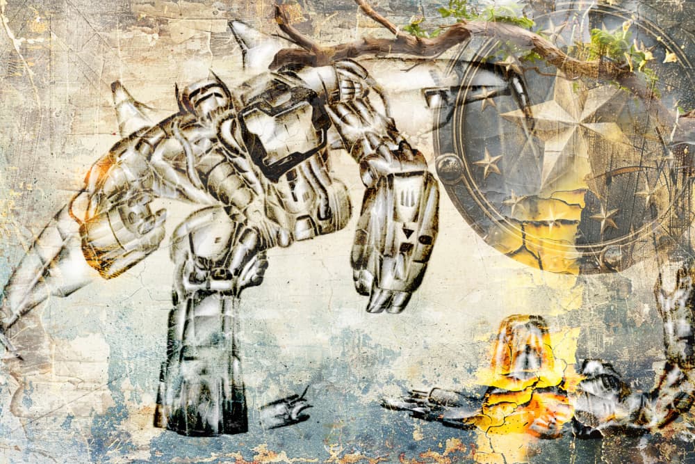 Grunge Robot Star Shield by Rafal Kulik — canvas wall art