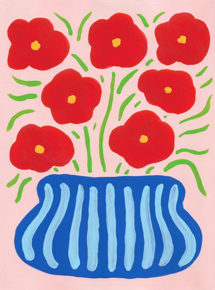 Red Blooms Blue Vase by Lerin Freyou — canvas wall art