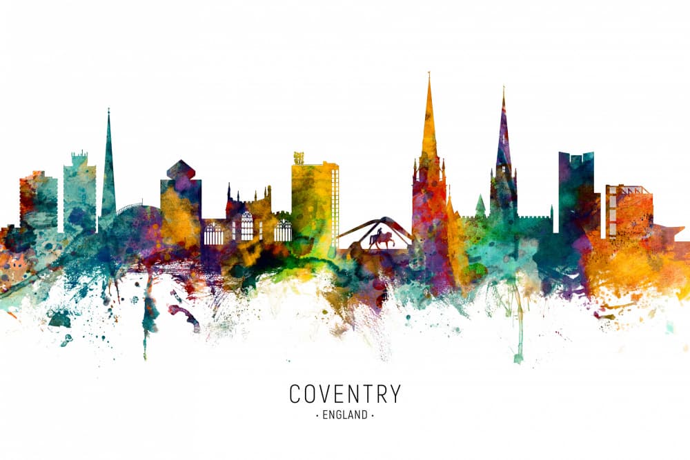 Vibrant Coventry Skyline by Michael Tompsett — canvas wall art