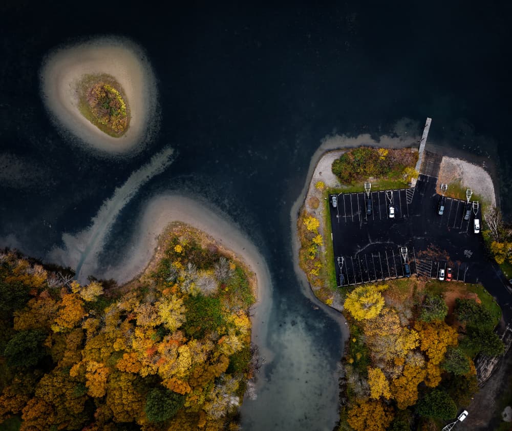 Aerial Autumn Waterscape by Shenshen Dou — canvas wall art