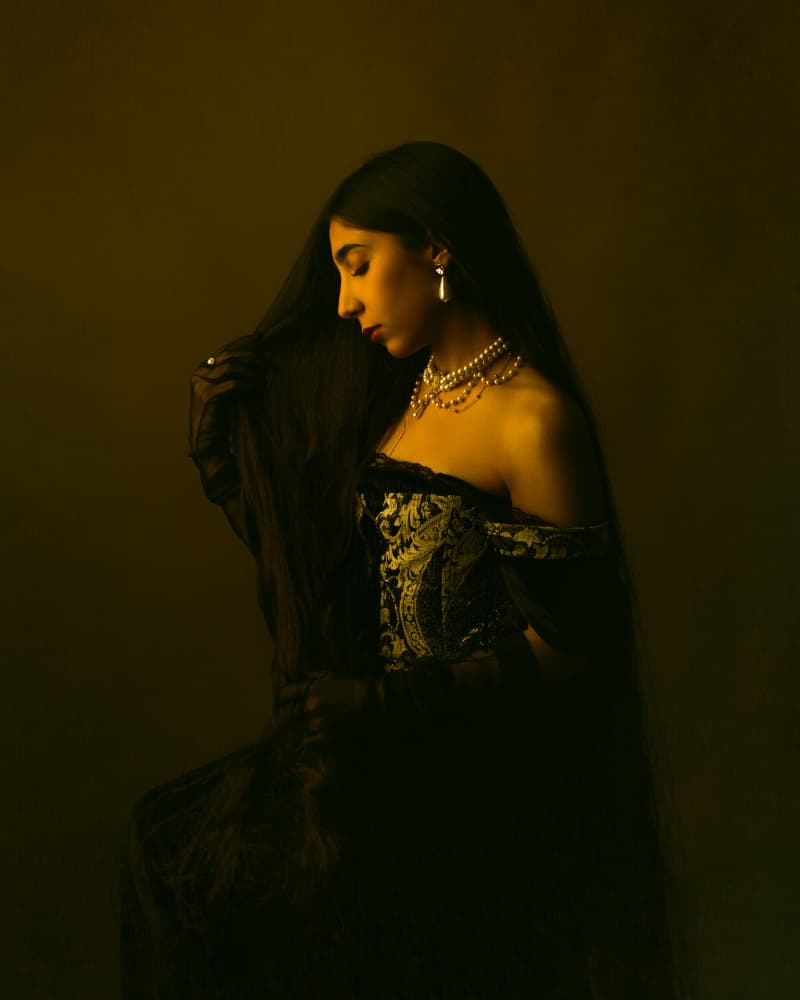 Pensive Woman with Pearls by Mehdi Mokhtari — canvas wall art