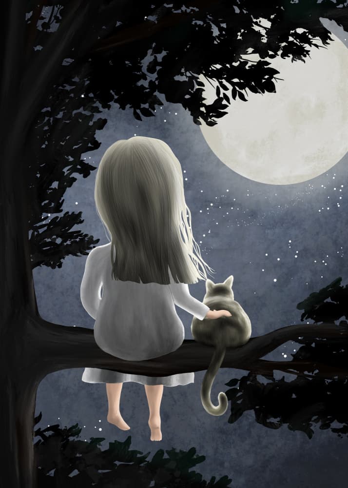 Girl And Cat By Moonlight by EMELIEmaria — canvas wall art