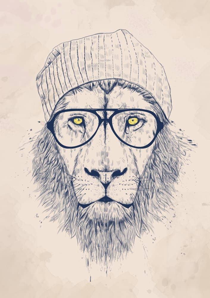 Hipster Lion Portrait by Balazs Solti — canvas wall art
