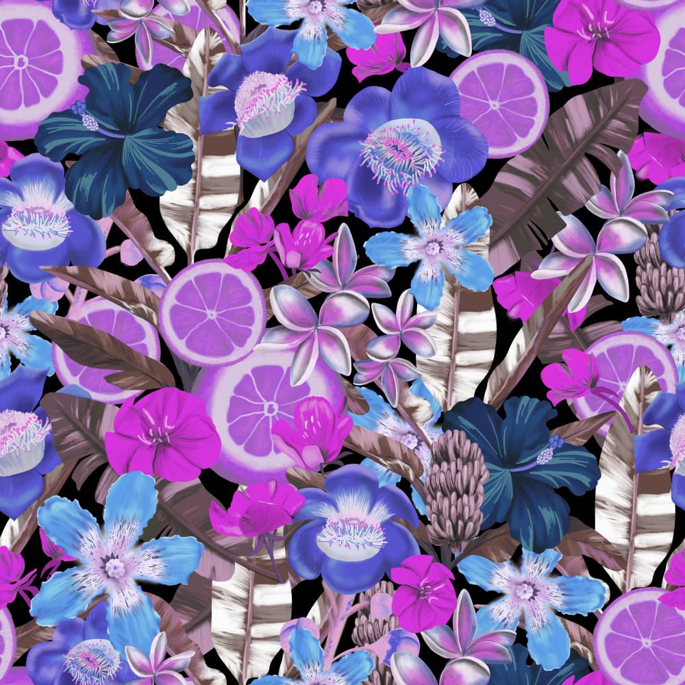 Flowes and Fruits Pattern Blue by Anis Illustration — canvas wall art