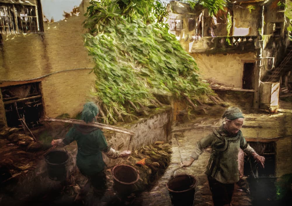 Women on a Village Path by Rachel Pansky — canvas wall art