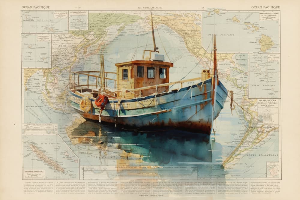 Rustic Fishing Boat Map by thomas chedeville — canvas wall art