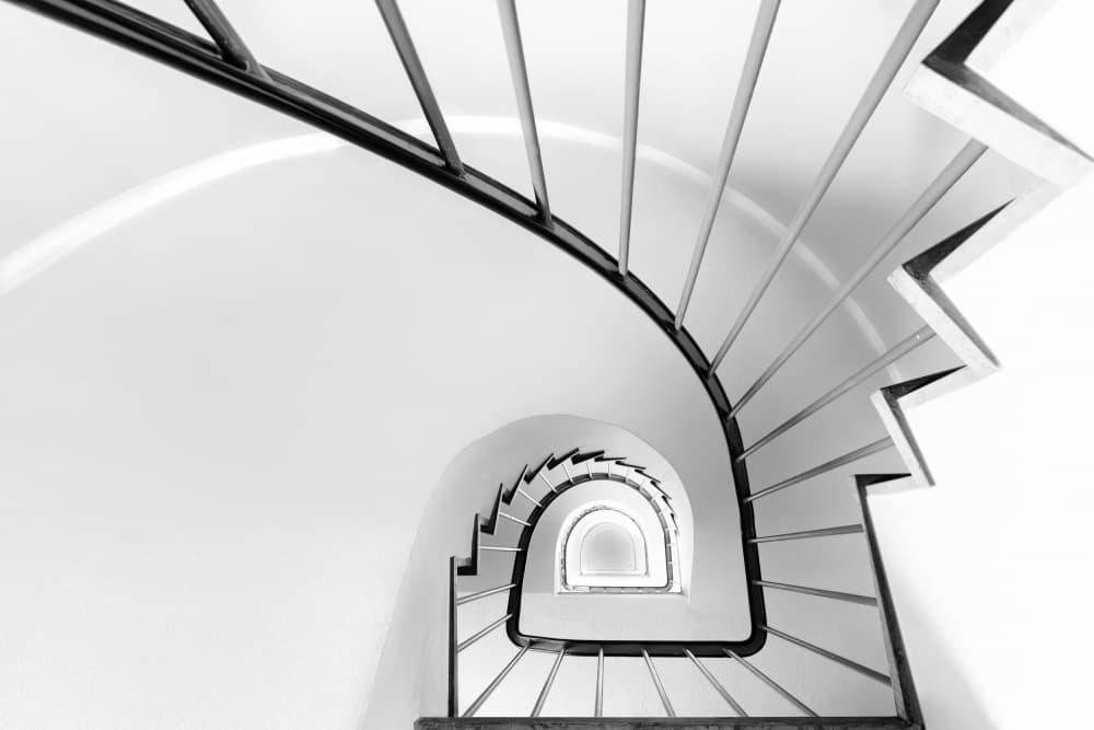 Black White Spiral Stairs by Roswitha Schleicher-Schwarz — canvas wall art