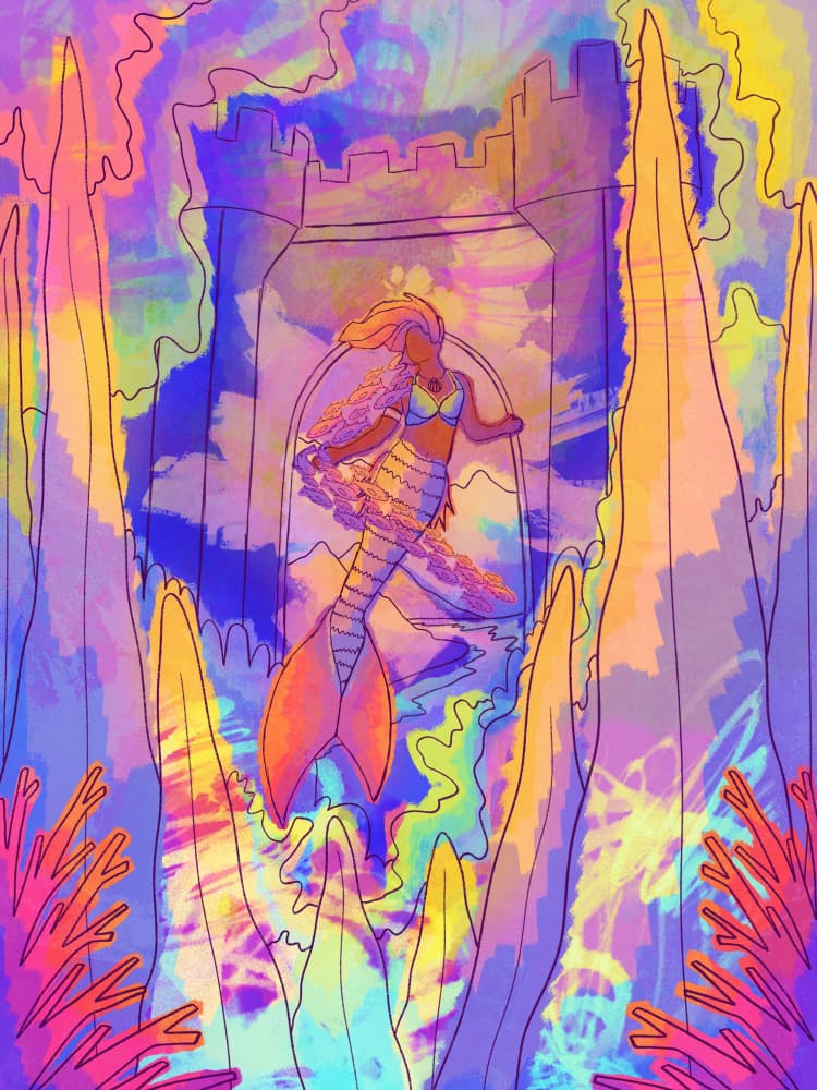 Vibrant Mermaid Castle by Stephen Wade — canvas wall art