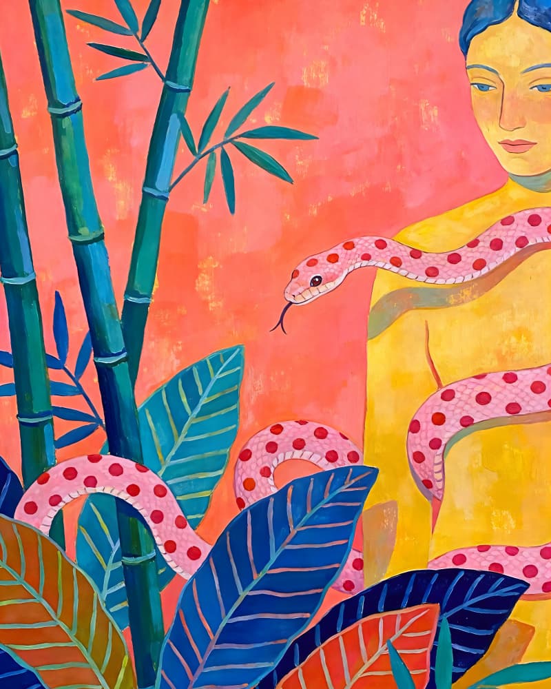 Woman Pink Snake Jungle by Uma Gokhale — canvas wall art