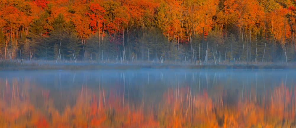 Misty Autumn Lake Reflection by John Fan — canvas wall art