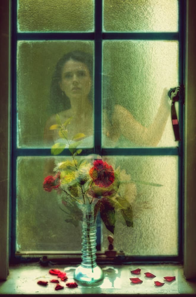 Pensive Woman Window Flowers by Yasutaka Sameshima — canvas wall art