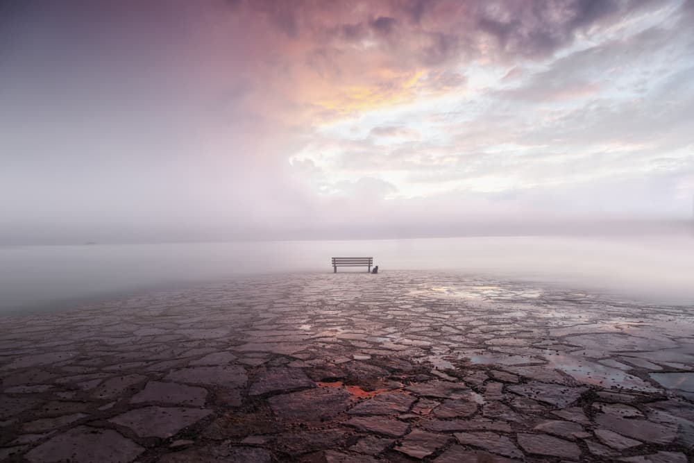 Misty Shoreline Bench by Uschi Hermann — canvas wall art
