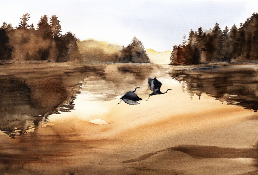 Golden Lake Birds Flight by RodMacIver — canvas wall art