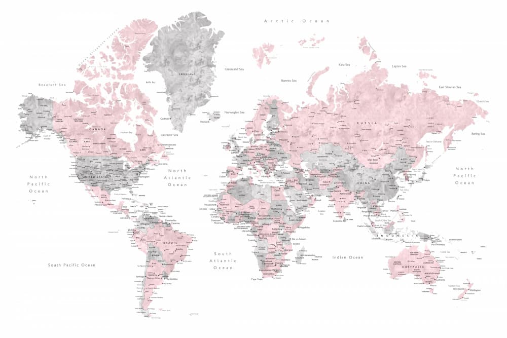 Pink and Grey World Map by Rosana Laiz Blursbyai — canvas wall art