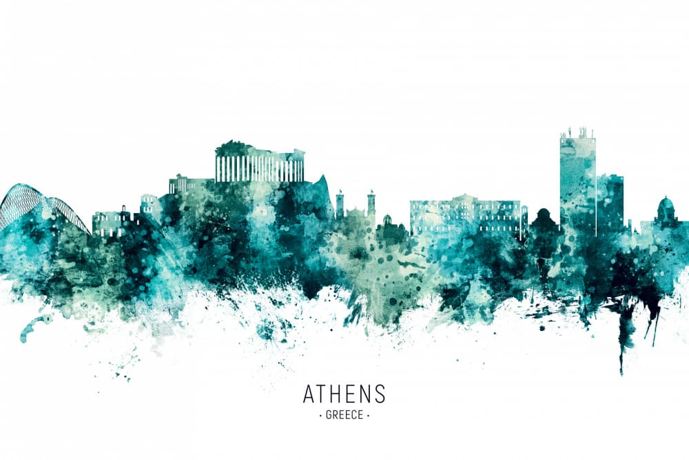 Watercolor Athens Skyline by Michael Tompsett — canvas wall art