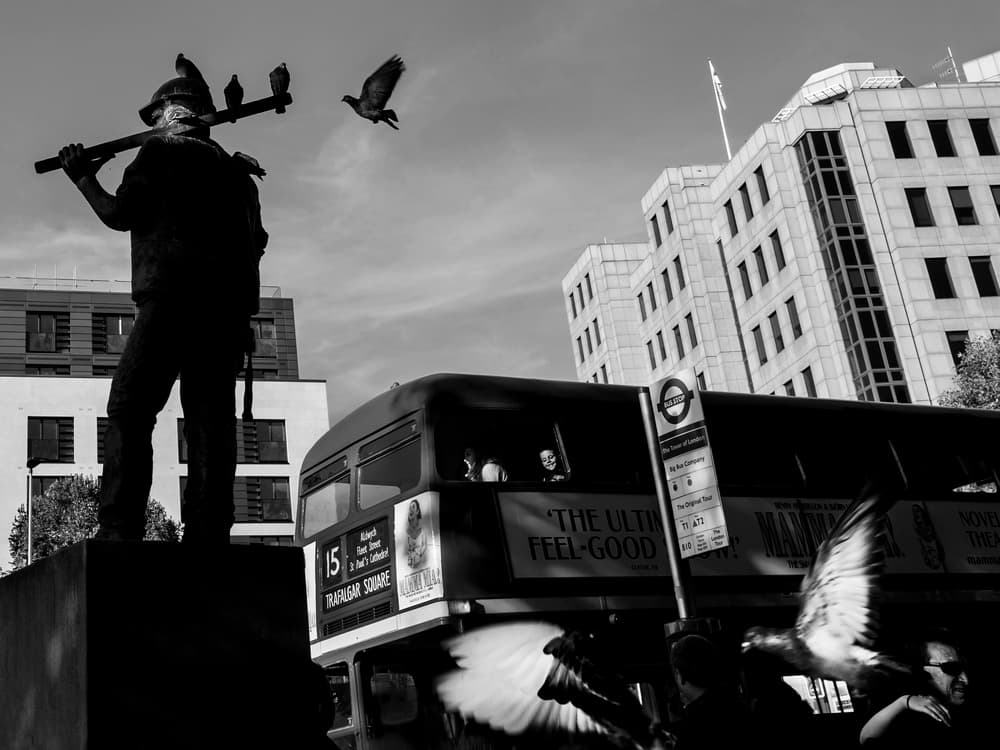 London Pigeons Bus Scene by Leah Guo — canvas wall art