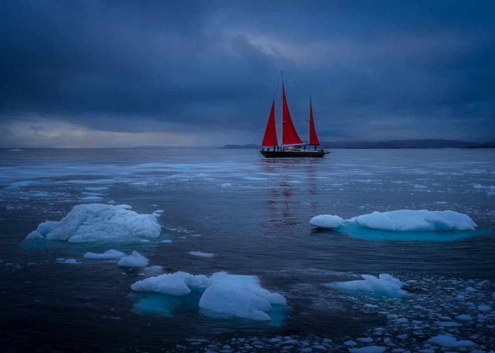 Icy Waters Red Sails by Liguang Huang — canvas wall art