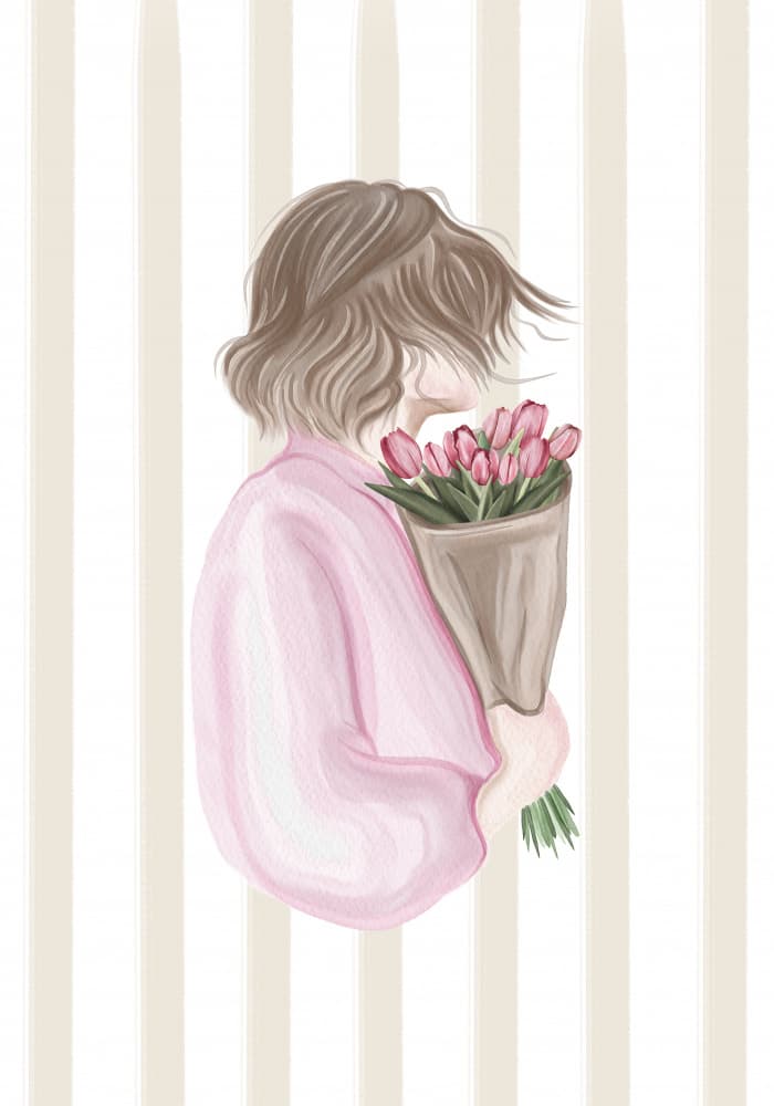 Woman with Pink Tulips by Lisen Vennesland — canvas wall art